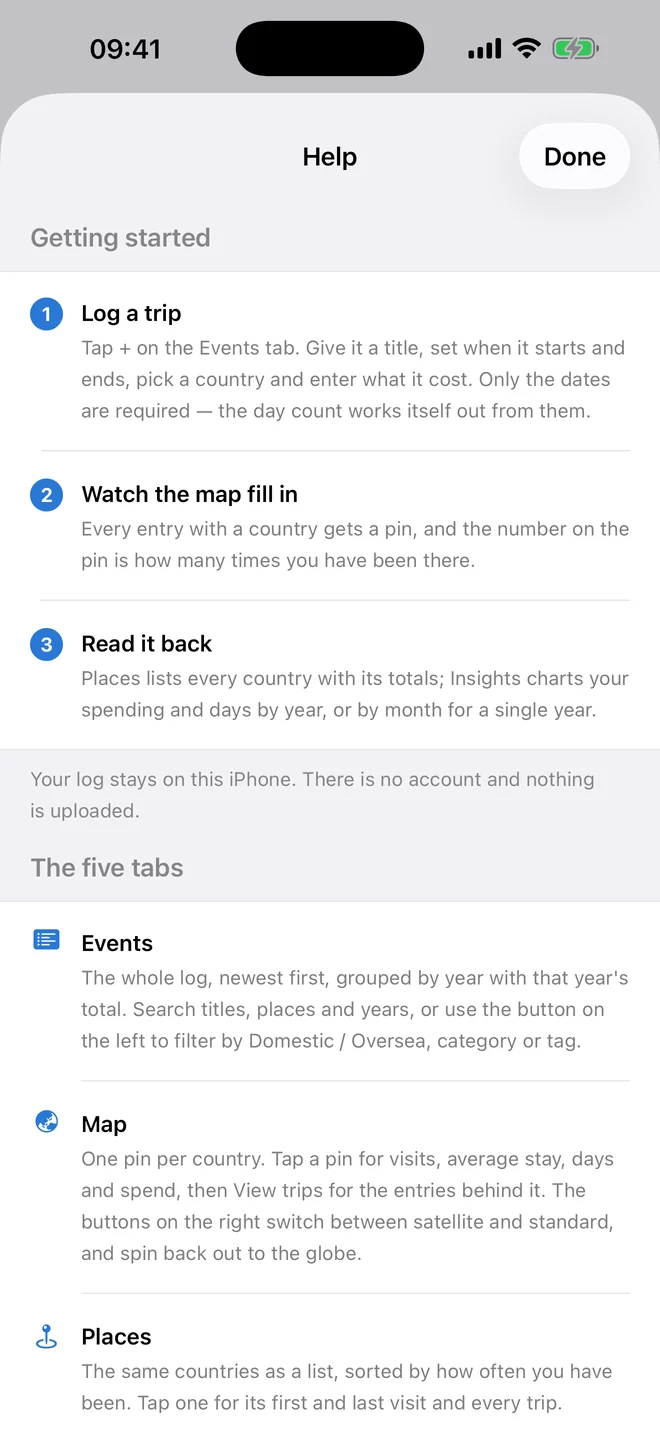 The built-in help screen with getting-started steps and a guide to each tab.