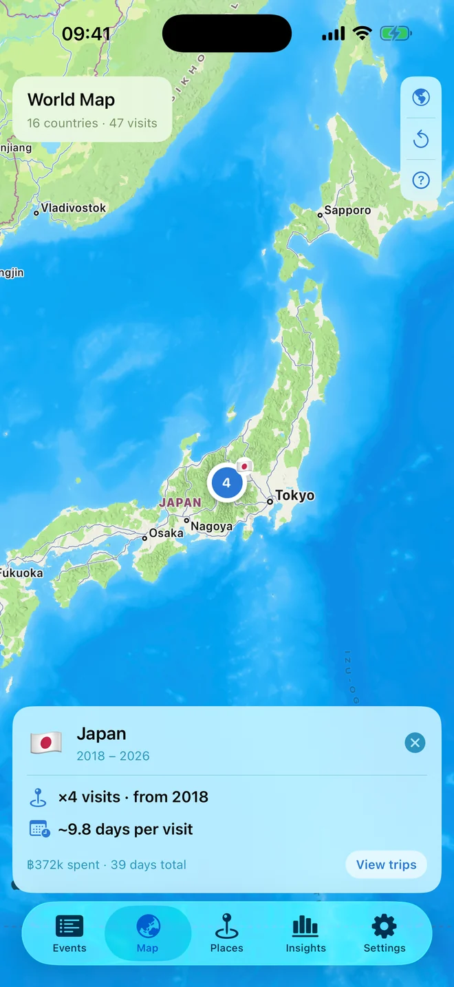 The map zoomed to Japan with a card reading four visits from 2018 and about 9.8 days per visit.