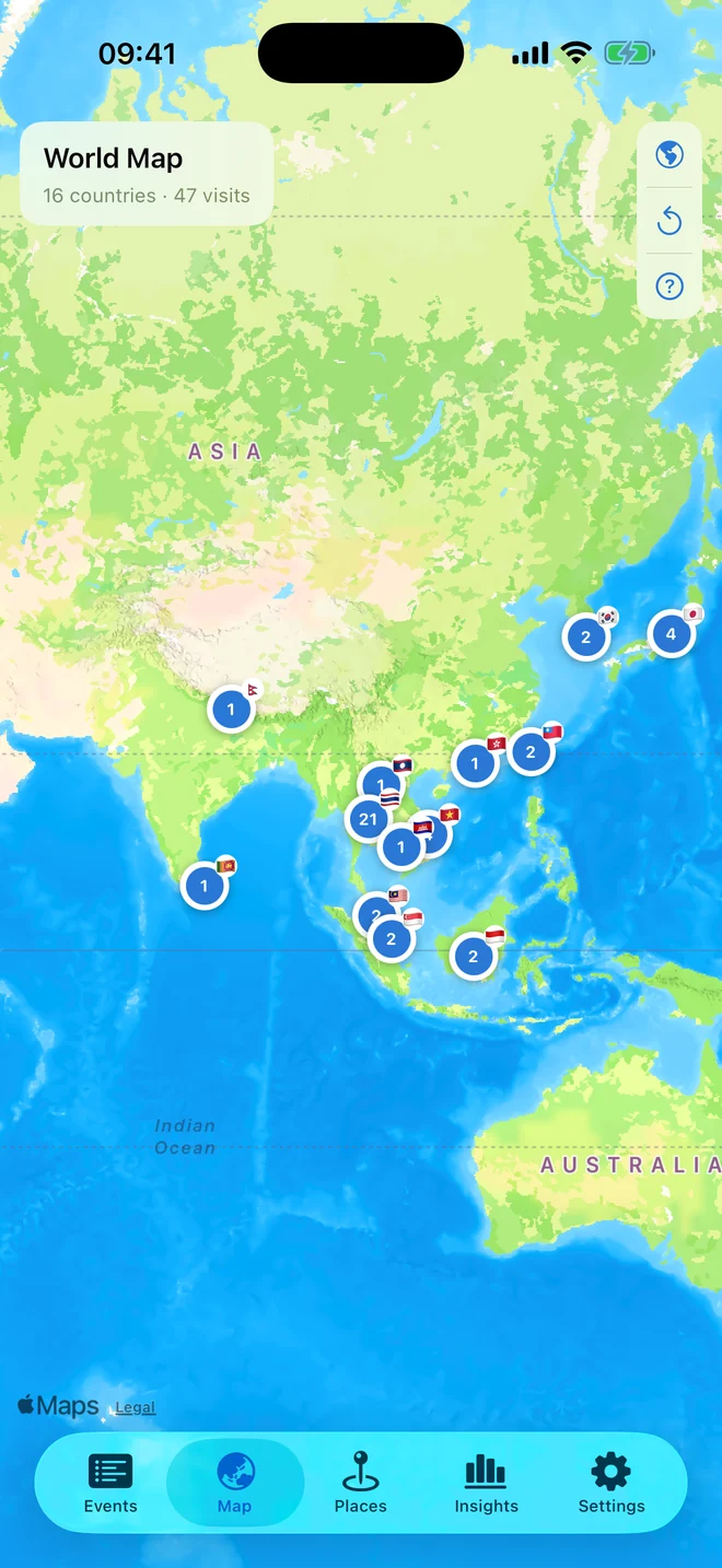 The world map with one numbered pin per visited country across South and East Asia.