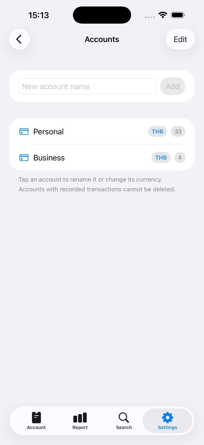 The Accounts screen listing a Personal account with 33 transactions and a Business account with 4, both in THB.