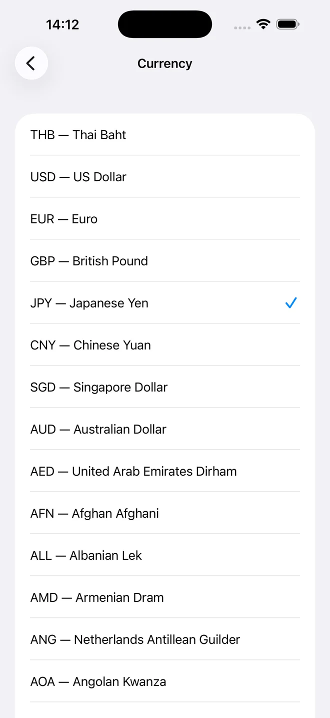 The currency list with Thai Baht, US Dollar, Euro, British Pound and Japanese Yen at the top.