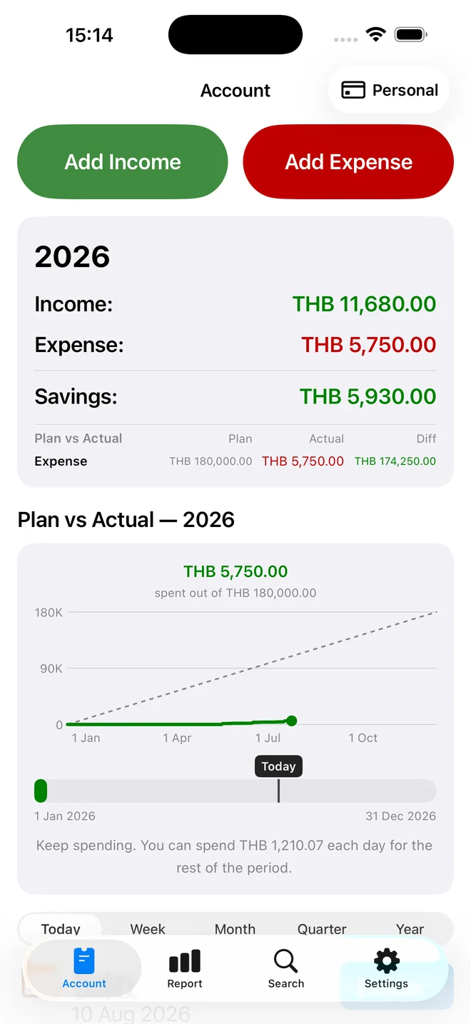 The Account tab showing income, expense and savings totals for 2026 above a Plan vs Actual chart.