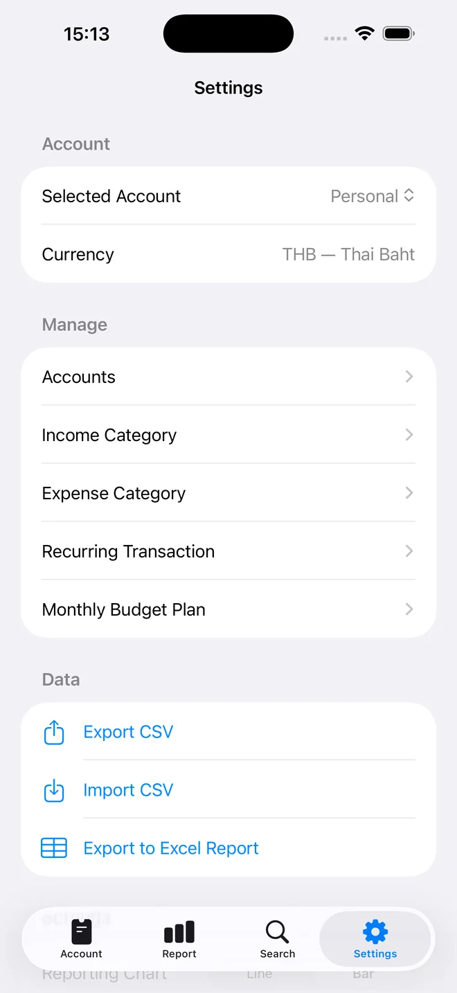 The Settings screen showing the selected account and currency, the Manage list, and Export CSV, Import CSV and Export to Excel Report.