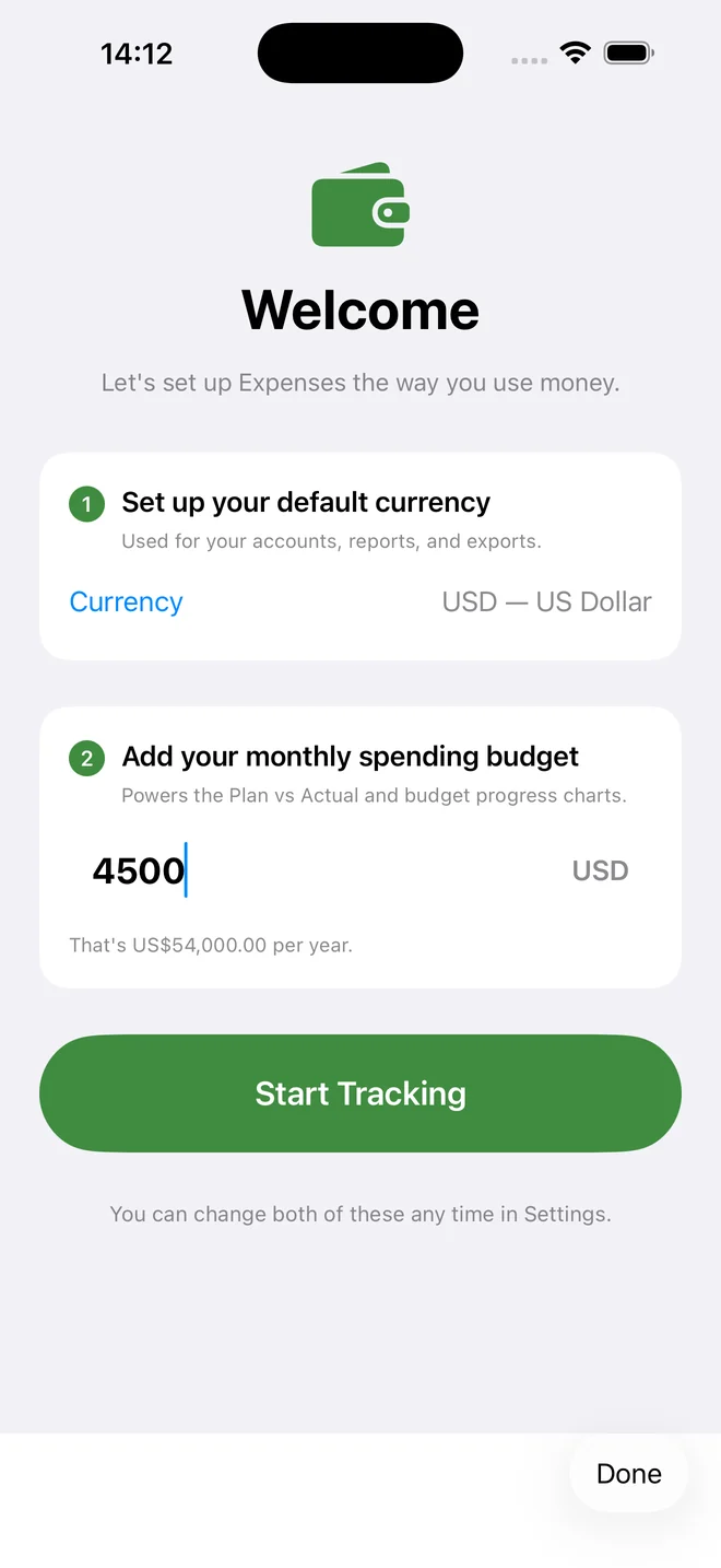 The welcome screen asking for a default currency and a monthly spending budget.